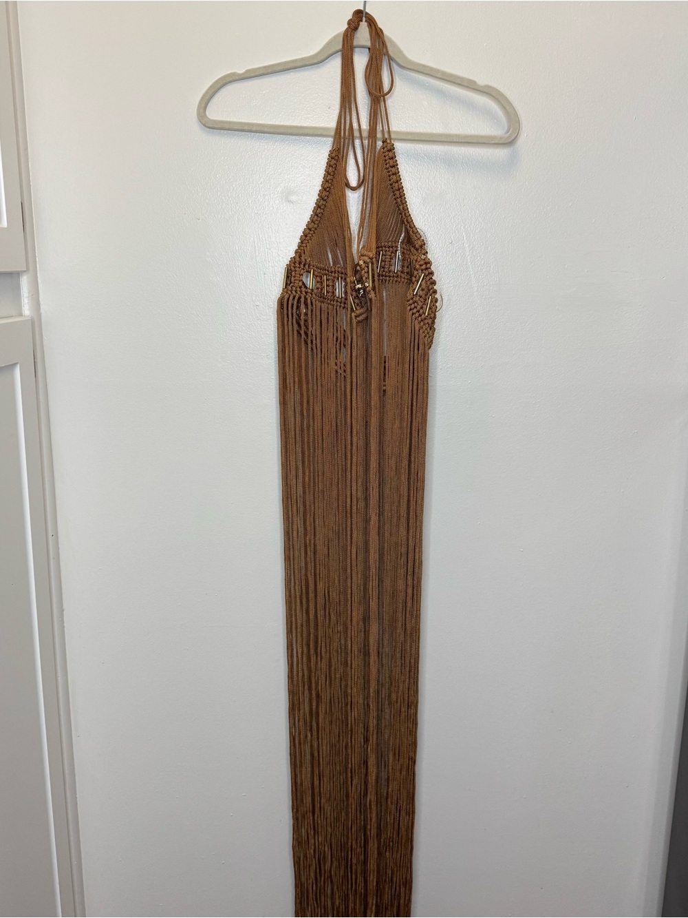 NWT Myxandria Halterneck Fringe Knitted Coverup Dress Large Brown Tan - Picture 3 of 10